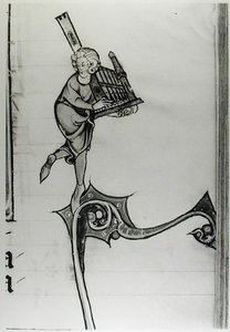 السيدة Fr 95 fol.273 موسيقار يعزف عضوًا نقديًا ، من lHistoire de Merlin ، c.1280-90 بواسطة المدرسة الفرنسية