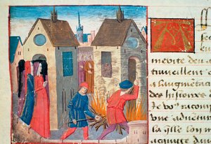 السيدة Hunter 252 f.75v حرق منزل ، من Les Cent Nouvelles Nouvelles ، 1462 بواسطة المدرسة الفرنسية