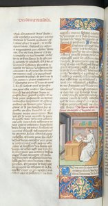 السيدة هنتر 36-39 ، المجلد 3 ، الصفحة 47v راهب كارثوسي باللون الأبيض يكتب مخطوطة ، رسم توضيحي من فيتا كريستي بقلم لودولف ساكسونيا ، c.1490 بواسطة المدرسة الفرنسية