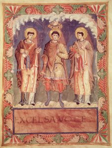 السيدة لات 1141 fol.2v تتويج تشارلز الثاني (823-877) مع أساقفة ريمس وتريفز ، من Sacrementaire de Metz (انظر أيضًا 159999) بواسطة المدرسة الفرنسية