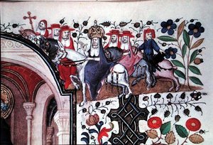 Ms Lat 1156b Fol.167 تفاصيل البابا على بغله مع حاشيته ، من رسم توضيحي للقديس بطرس ، من ساعات Marguerite d'Orleans ، حوالي 1426 (ورق) بواسطة المدرسة الفرنسية