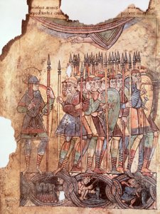 السيدة لات 1390 fol.7v جنود القدم في الحروب الصليبية ، من La Vie de Saint Aubin dAngers بواسطة المدرسة الفرنسية