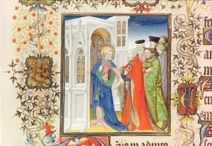 السيدة لات 919 ، الورقة 96 ، القديس بطرس ، قائد جان دي فرانس (1340-1416) ، دوق بيري إلى الجنة ، من Grandes Heures de Duc de Berry ، 1409 (انظر أيضًا 159985 و 30908) بواسطة المدرسة الفرنسية