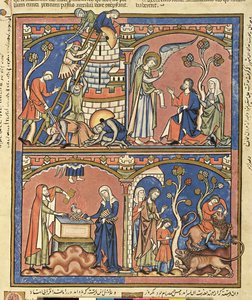 السيدة M 638 fol.14r Abimelech و Samson ، من Morgan Picture Bible ، c.1244-54 بواسطة المدرسة الفرنسية