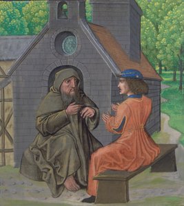 السيدة Royal 14 E. 11 ، f.338 The Hermit يوجه الفارس ، من "Chemin de Valliance ويعمل في الشعر والنثر الفرنسيين" ، حوالي 1475 (ورق) بواسطة المدرسة الفرنسية
