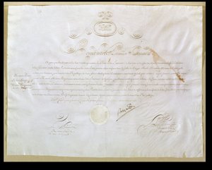 تصريح نابليون بونابرتس (1769-1821) لشراء الولايات المتحدة لويزيانا ، 30 أبريل 1803 (حبر على الرق) بواسطة المدرسة الفرنسية