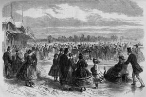 نابليون الثالث (1808-1873) والإمبراطورة أوجيني دي مونتيجو (1826-1920) في نادي باتينورز بوا دو بولوني في باريس. نقش في "Le Monde Illustre" رقم 511 بتاريخ 26 يناير 1867. بواسطة المدرسة الفرنسية