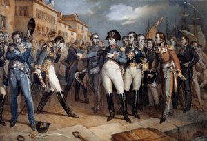خضوع نابليون الأول (1769-1821) للقانون البريطاني واستسلامه في 14/07/1815 الطباعة الحجرية حوالي عام 1815 إيل دي إيكس، متحف نابليون - نابليون الأول (1769-1821) خضوع نابليون الأول (1769-1821) للقانون البريطاني واستسلامه بواسطة المدرسة الفرنسية