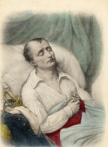 نابليون الأول على فراش موته ممسكًا صليب جوقة الشرف إلى قلبه ، سانت هيلانة ، 1821 (لون ليثو) بواسطة المدرسة الفرنسية
