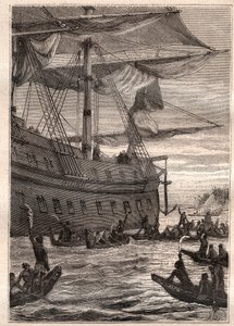 كان السكان الأصليون يحملون أغصان أشجار الموز في أيديهم: رحلة صموئيل واليس (1728-1795) إلى بولينيزيا - السكان الأصليون يحملون أغصان الموز كتحية ترحيب - رسم توضيحي مأخوذ من "البحارة العظماء في القرن الثامن عشر" بواسطة المدرسة الفرنسية