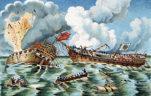 القتال البحري بين "المشرف" و "كيبيك" ، 6 أكتوبر 1779 ليست بعيدة عن Ouessant. كانت الفرقاطة الفرنسية بقيادة الكابتن دو Couedic de Kergoaler ، الفرقاطة الإنجليزية بقيادة الكابتن فارمر. الطباعة الحجرية الملونة حوالي عام 1890. بواسطة المدرسة الفرنسية