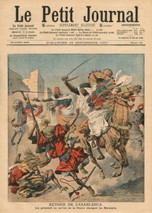 بالقرب من الدار البيضاء ، الغوميون يتقاضون المغاربة ، رسم توضيحي من "Le Petit Journal" ، ملحق Illustre ، 15 سبتمبر 1907 بواسطة المدرسة الفرنسية