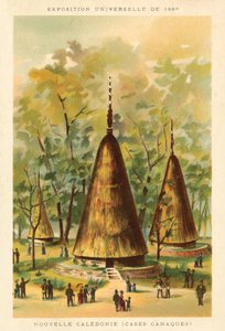 كاليدونيا الجديدة (أكواخ كاناك) ، معرض يونيفرسيل 1889 ، باريس (كروموليثو) بواسطة المدرسة الفرنسية