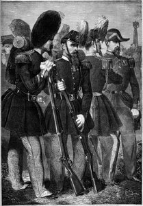 زي جديد للحرس الإمبراطوري الفرنسي في عام 1860. نقش في "" Le Monde Illustré "" رقم 165 بتاريخ 9 يونيو 1860. بواسطة المدرسة الفرنسية