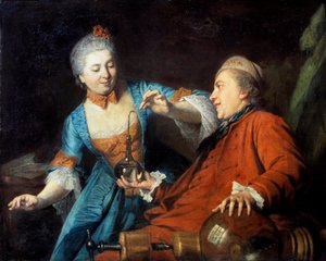 نيكولاس بيرجيت (1733-1815) ومدام دي ميزونسل يقومان بتجربة في الفيزياء لوحة مجهولة للمدرسة الفرنسية. 1770. ريمس ، متحف الفنون الجميلة بواسطة المدرسة الفرنسية