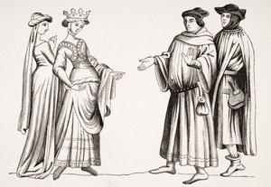 سيدة نبيلة وخادمة الشرف واثنين من البرجيز ، بعد مصغر في "Merveilles du Monde" ، من "Le Moyen Age et La Renaissance" بواسطة Paul Lacroix (1806-84) نشر عام 1847 بواسطة المدرسة الفرنسية