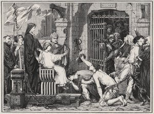 بمناسبة مستقبله (1227) ، قام لويس التاسع الشاب بإخراج السجناء - نقش في "Les Hommes Celebres de la France" بواسطة Louis Dumas 1889 بواسطة المدرسة الفرنسية