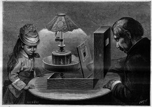 الوهم البصري: مسرح praxinoscope ، جهاز اخترعه إميل رينود (1844-1918). النقش في "" الطبيعة. مجلة العلوم وتطبيقاتها في الفنون والصناعة " بواسطة المدرسة الفرنسية