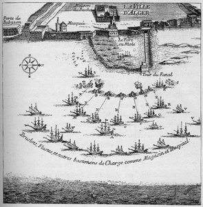 ترتيب السفن الفرنسية للهجوم على الجزائر عام 1683. نقش في "لا مارين وآخرون: تجارة" بواسطة المدرسة الفرنسية