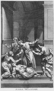 قتل أوروسمان زائير ، رسم توضيحي من الفصل الخامس من "زائير" لفولتير (1694-1778) (نقش) (صورة بالأبيض والأسود) بواسطة المدرسة الفرنسية