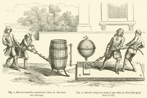 يحاول Otto de Guericke إنشاء فراغ في برميل ، ويستخدم المستلم الثاني بواسطة Otto de Guericke لإنشاء الفراغ (نقش) بواسطة المدرسة الفرنسية