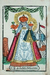 سيدة ديليفراندي ، تذكار الحج ، حوالي 1820-30 (طباعة خشبية ملونة) بواسطة المدرسة الفرنسية