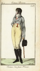 Outfit of a young man or Incroyable, May 1801 (handcoloured copperplate engraving) بواسطة المدرسة الفرنسية