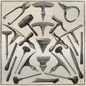 أدوات الجولف. نقش من عام 1885 في "" Les Arts et metiers Illustres "" لأدولف بيتارد. بواسطة المدرسة الفرنسية