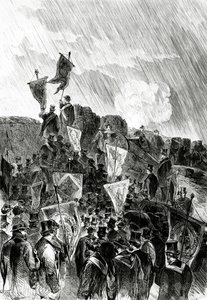 مظاهرة مسالمة حول تحصينات الماسونيين في 28 أبريل 1870 للمطالبة بوقف قصف باريس ، من لو موند إيستر ، 5 مايو 1870 بواسطة المدرسة الفرنسية