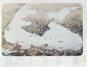 منظر بانورامي وخطة سيفاستوبول وساحل البحر الأسود في وقت حرب القرم ، 1855 بواسطة المدرسة الفرنسية