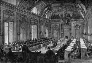 باريس ، 4 أغسطس 1871: الاجتماع الأول للمجلس البلدي في قاعة العرش بقصر لوكسمبورغ. نقش في "" Le Monde Illustré "" رقم 748 بتاريخ 12 أغسطس 1871. بواسطة المدرسة الفرنسية