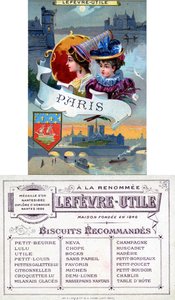 باريس ، أمام وعكس بطاقة ترويجية لبسكويت Lefèvre-Utile (LU) ، أواخر القرن التاسع عشر بواسطة المدرسة الفرنسية