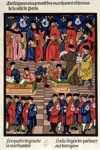 Parisian commercial traffic: the prevotes of merchants and echevins, the transplant, the receiver, the prosecutor, the clerk, the goods sergeants... - facsimile of a miniature of the Middle Ages بواسطة المدرسة الفرنسية