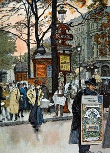 مشهد الشارع الباريسي بالقرب من محطة مترو القصر الملكي ، حوالي 1900 (لون ليثو) بواسطة المدرسة الفرنسية