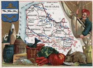 Pas de Calais (62) ، Nord Pas de Calais (Nord-Pas-De-Calais) ، فرنسا. التخصصات المحلية: الصابون الأسود والأسماك القذرة وعصير التفاح والتبغ. سلسلة عن الأقسام الفرنسية. الطباعة الحجرية الملونة (Chromo) "" الخيط الجغرافي "" ، حوالي عام 192 بواسطة المدرسة الفرنسية