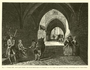 ممر فوتي ، تحت شاتليت الصغيرة ، بين شارع سان جاك و لو بيتيت بونت ، في عام 1770 ، بعد ألوان مائية من الوقت ، تم توصيلها بواسطة م بارون بيشون بواسطة المدرسة الفرنسية