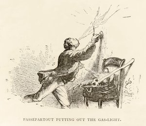 Passepartout يخمد ضوء الغاز ، من "حول العالم في ثمانين يومًا" لجول فيرن (1828-1905) بواسطة المدرسة الفرنسية