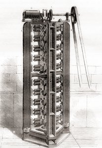 محرك كهربائي عمودي بول غوستاف فرومنت ، حوالي عام 1844 ، من Les Merveilles de la Science ، تم نشره حوالي عام 1870 (نقش) بواسطة المدرسة الفرنسية