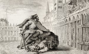 Pepin III (714-68) The Short with the Lion and the Bull، from &39;Histoire de France&39; بواسطة Colart، تم نشره عام 1840 بواسطة المدرسة الفرنسية