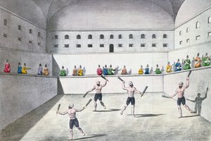 رياضيون فارسيون يمارسون الرياضة في صالة الألعاب الرياضية ، حوالي 1820 (نقش الألوان) بواسطة المدرسة الفرنسية