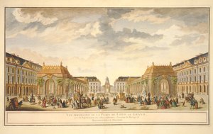 عرض منظوري لساحة لويس دي جراند مع الغرف التي شيدت بمناسبة زواج Monseigneur le Dauphin (نقش ملون) بواسطة المدرسة الفرنسية