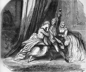 فيليب الثاني دوق أورليانز (الوصي) (1674-1723) وابنتيه ماري لويز إليزابيث دورلينز (1695-1719) ولويز أديلايد دي شارتر ، وكلاهما سادة والدهما. نقش من "تاريخ الدعارة والفساد في جميع الشعوب بواسطة المدرسة الفرنسية