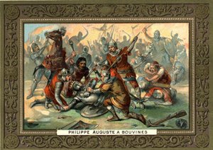 فيليب أوغست في Bouvines عام 1214. مجموعة الطباعة الحجرية الملونة في القرن التاسع عشر. بيانكيتي. بواسطة المدرسة الفرنسية