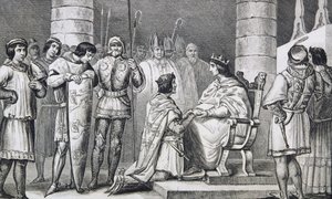 فيليب السادس (1293-1350) دي فالوا يقدم تكريمًا لإدوارد الثالث (1312-77) من إنجلترا ولكن فقط كدوق أكويتين ، من "هيستوار دي فرانس" من قبل كولارت ، نشر c.1840 بواسطة المدرسة الفرنسية