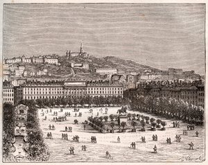 Place Bellecour أو Place Louis-le-Grand - la plus grande place de Lyon - نقش في "La France illustree: الجغرافيا والتاريخ والإدارة الإحصائية" بقلم V.-A. الشعير براون. 1884 بواسطة المدرسة الفرنسية