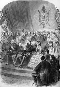 استفتاء عام 1870: تقديم الإعلان الرسمي للنتائج إلى نابليون الثالث (1808-1883). ومن بين الحاضرين أيضًا الإمبراطور أوجيني دي مونتيجو (1826-1920) وابنها الأمير إمبريال (1856-1879) والأميرات ماتيلد بونابرت (1820-1904) وكلو. بواسطة المدرسة الفرنسية