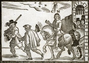 الكتيبات السياسية Mazarinade: Mazarin يهرب من باريس على ظهور الخيل ، في منتصف الليل ، يسبقه خادمان يحملان فانوس. نقش الخشب 1651 بواسطة المدرسة الفرنسية