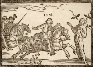 الكتيبات السياسية Mazarinade: Mazarin في رحلته يسقط ecus: ظل Concini ، Marshal of Anchor ، يقف أمامه. نقش الخشب 1651. بواسطة المدرسة الفرنسية