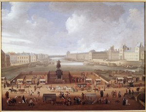 بونت نوف ، باريس ، يُرى من المدخل إلى Place Dauphine تظهر كلية الأمم 4 ، Quai Malaquais ومتحف اللوفر (زيت على قماش بواسطة المدرسة الفرنسية