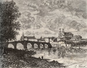 Pont-a-Mousson (Pont a Mousson) - Meurthe-et-Moselle - نقش في "فرنسا اللامعة: الجغرافيا والتاريخ والإدارة الإحصائية" بقلم V.-A. الشعير براون. 1884 بواسطة المدرسة الفرنسية